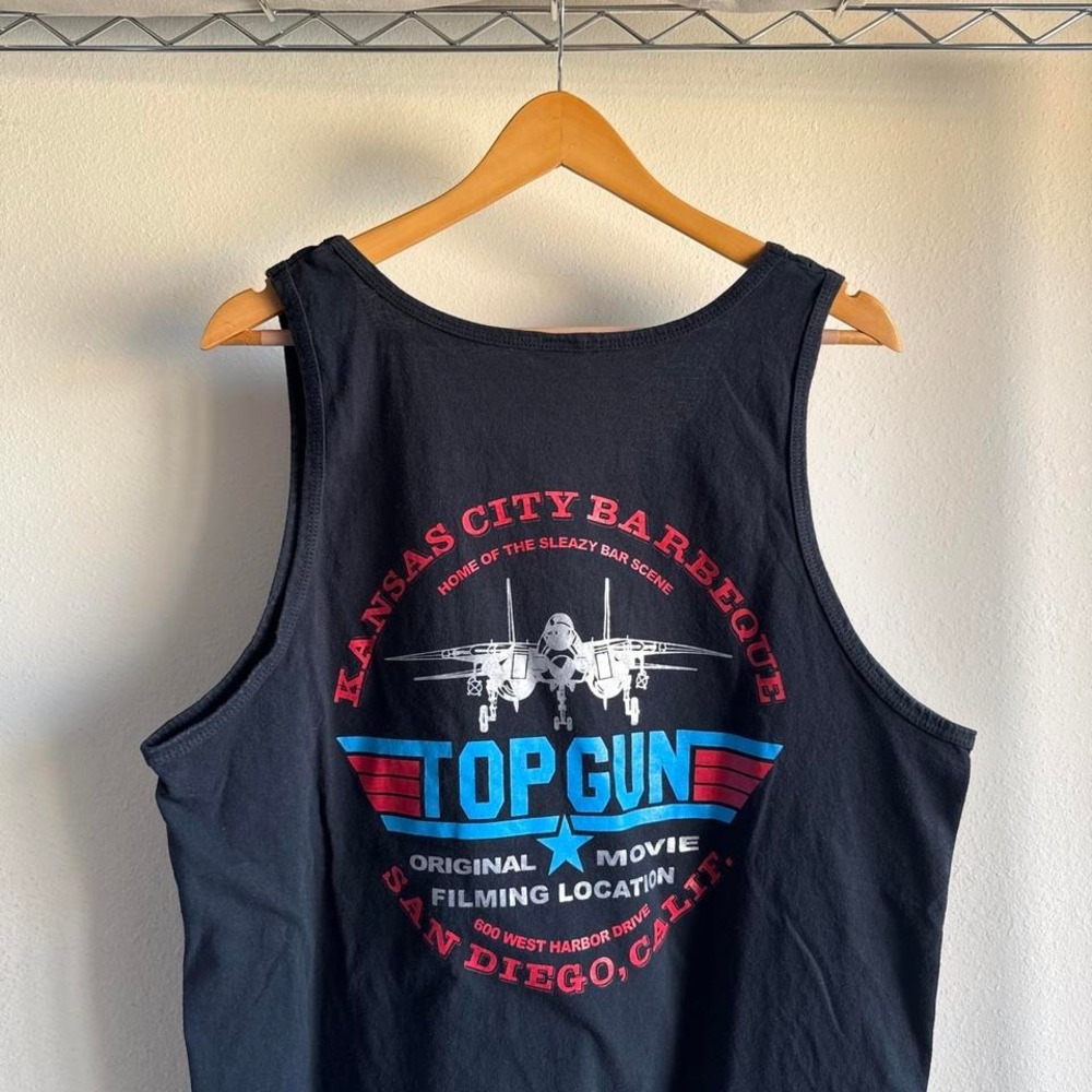Vintage Top Gun San Diego black tank top with small F-14 jet chest graphic and l